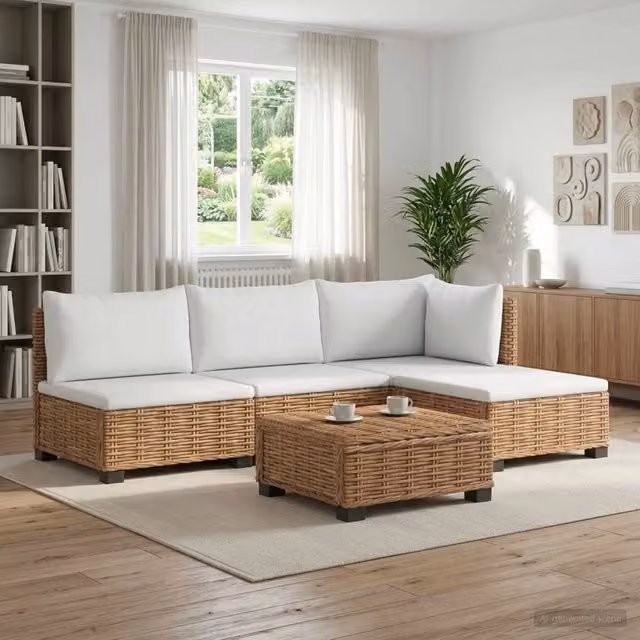 Set Lounge da 5 pezzi vidaXL in rattan naturale con cuscini beige e bianchi per giardino, terrazzo o soggiorno – 1