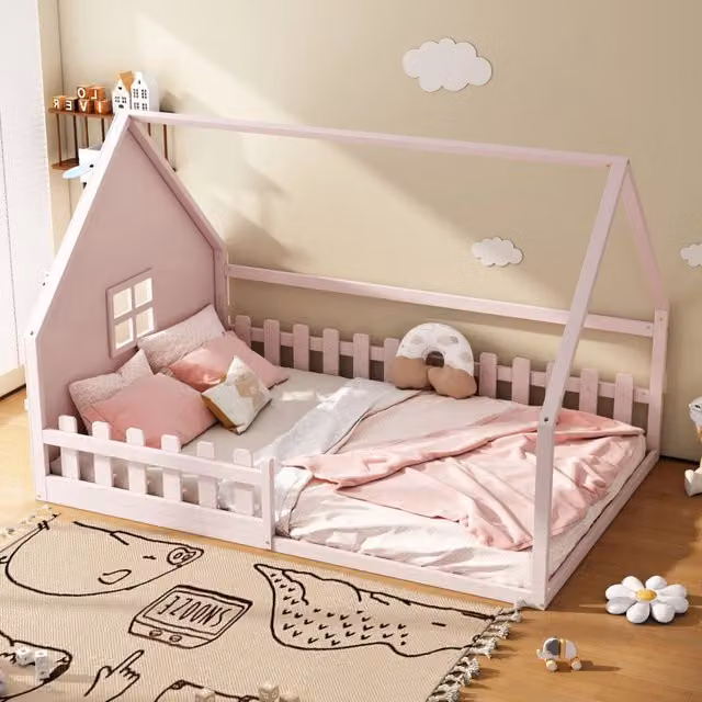 Letto singolo per bambini OKWISH con struttura a casetta e barriera, in pino e MDF, rosa, L/P: 140 x 200 cm