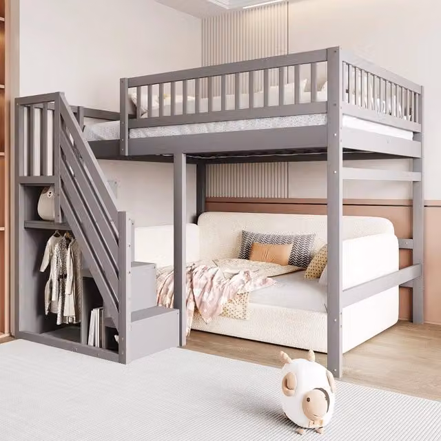 Letto a soppalco 140x200 ¨C Minimal ¨C Grigio in legno massello di pino con armadio contenitore