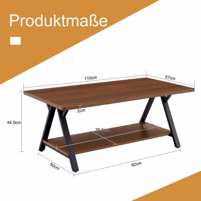 Tavolino da salotto REDOM in stile industrial con ripiano rettangolare marrone e struttura in metallo nero L: 110 cm, P: 57 cm, H: 44,5 cm
