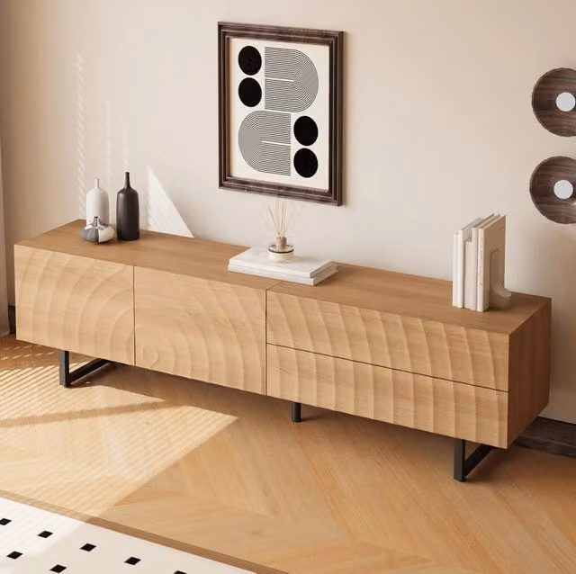 Mobile TV in legno naturale con struttura a onde 180x38x51,5 cm, senza maniglie, con armadietto e cassetti