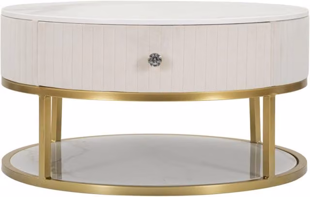 Tavolino da caffe' rotondo Montpellier crema in velluto e ferro dorato — O 75x36 cm