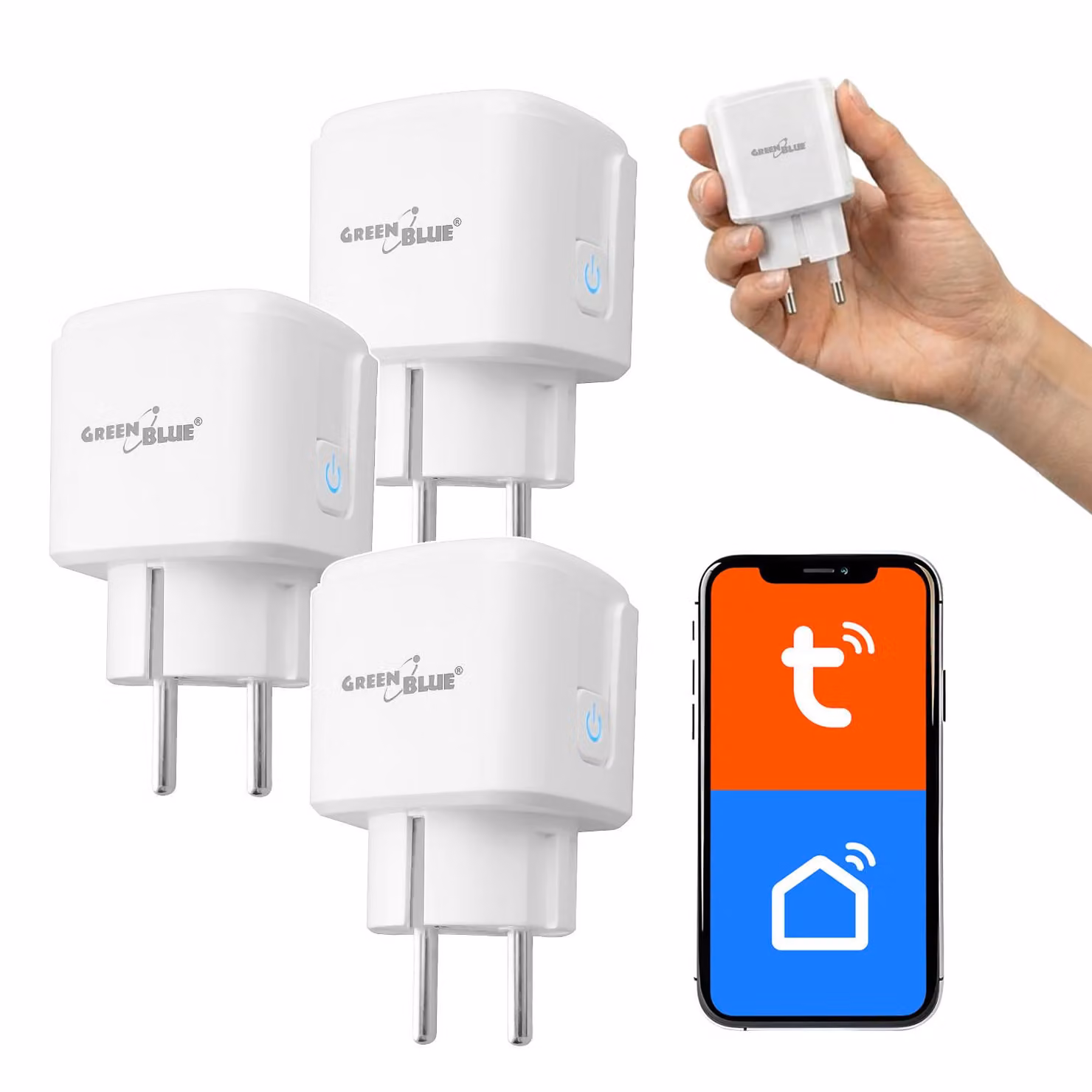 Prese Wi-Fi controllabili a distanza, marca GreenBlue, compatibili con Android/iOS/Alexa/Google Home. Dotate di timer e misuratore di potenza. Massima potenza: 16 A / 3840 W. Modello: GB735. Confezione da 3 pezzi