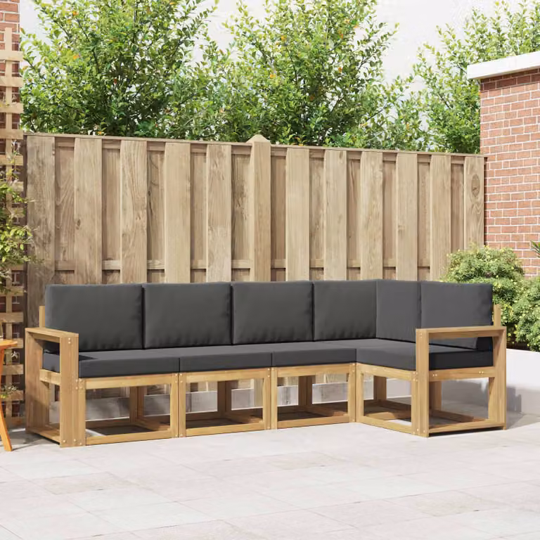 vidaXL Set di divani da esterno a L composto da 5 pezzi in legno di acacia con cuscini, Bianco e Antracite