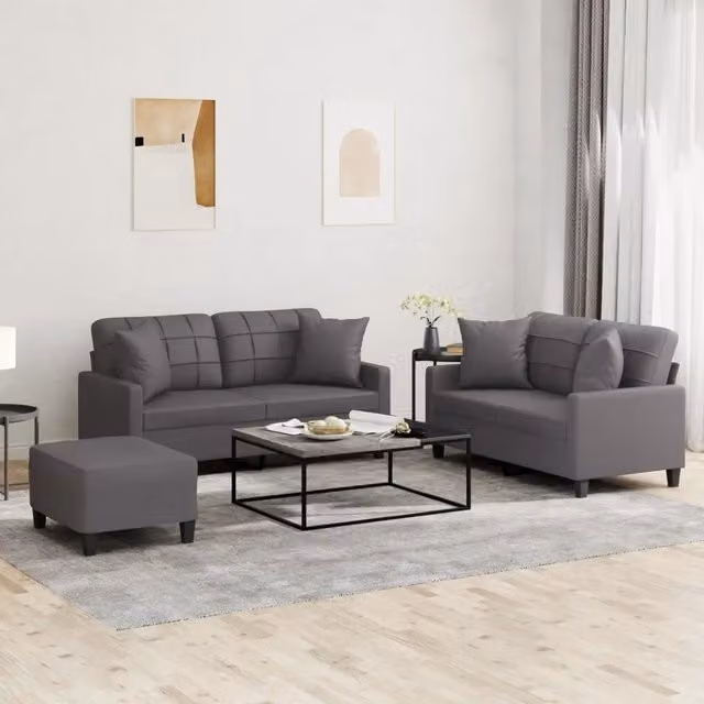 Set di 3 divani vidaXL in similpelle grigia con cuscini per soggiorno in stile moderno – 1