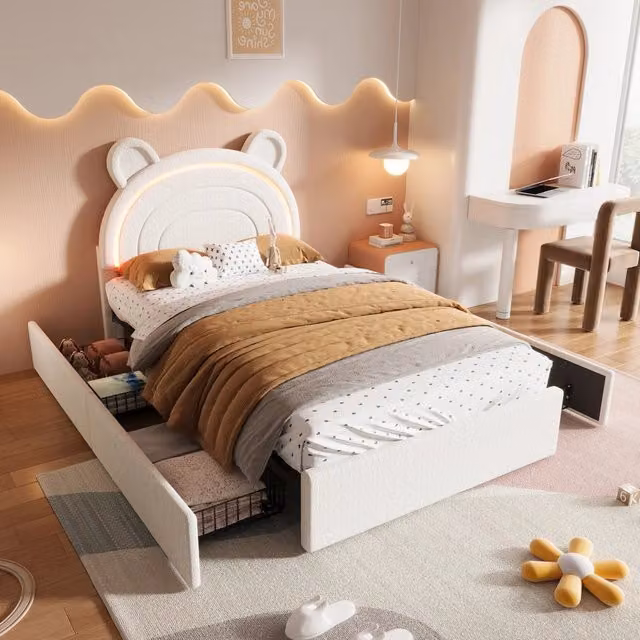 Letto bambino imbottito 90×200 cm con 4 cassetti e LED controllabile da app, senza materasso, velluto beige