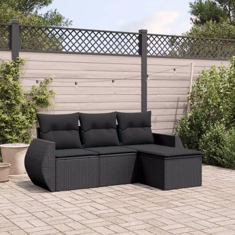 Set di divani da giardino vidaXL 4 pezzi in polyrattan nero con cuscini e pouf a forma di L