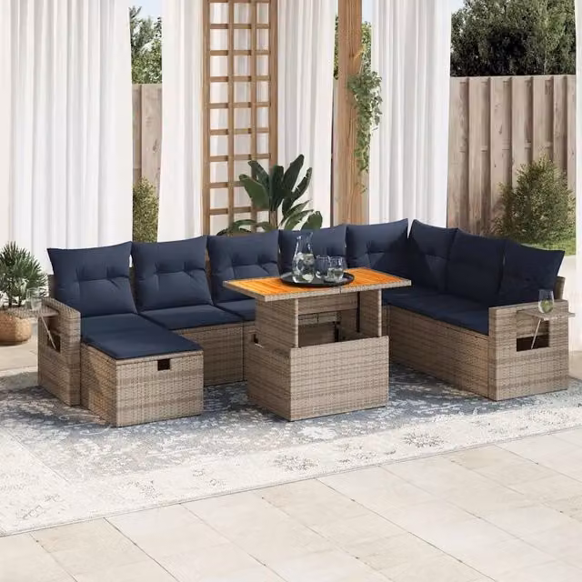 Set Divano da Giardino 9pz con Cuscini Grigio Polyrattan Acacia 3328048