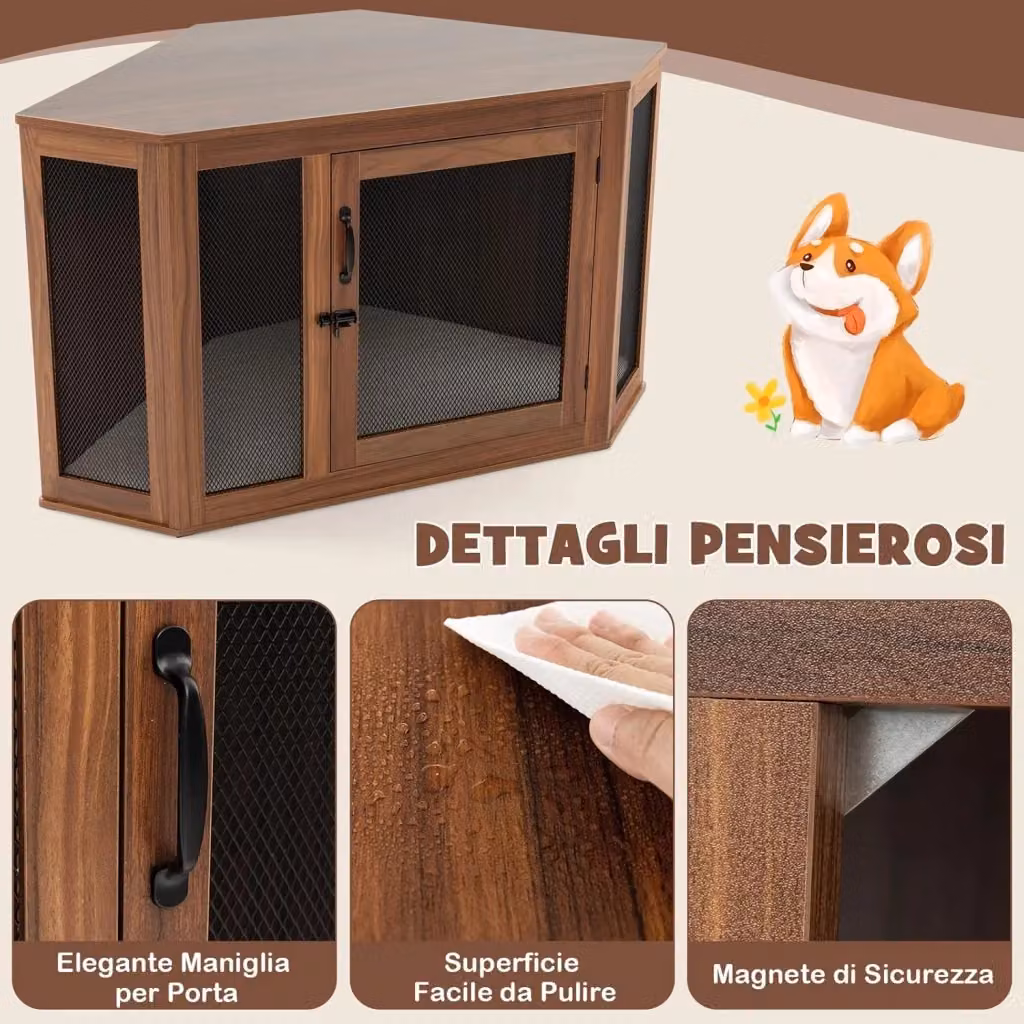 Casetta per cani ad angolo Costway con cuscino e porta a rete, mobile kennel moderno in legno e metallo, colore marrone – 2
