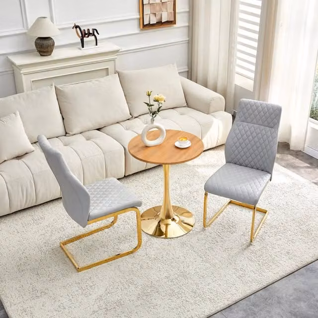 Set tavolo rotondo e 2 sedie da pranzo MIVRAY in MDF effetto legno grigio chiaro e metallo dorato, L/P/H: 120 x 72 x 72 cm