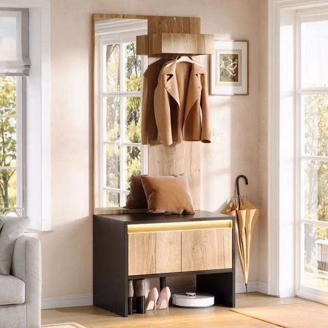 Appendiabiti da ingresso MODFU con specchio, panca porta scarpe e 2 cassetti, colore marrone, L/P/H: 60 x 38 x 145 cm