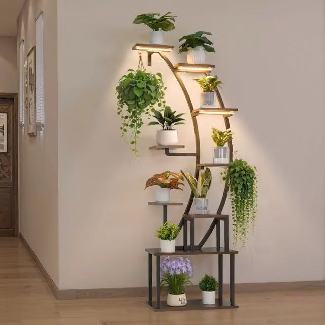 Scaffale per Piante da Interno a 9 Livelli con Luci LED 1600 mm SSPS-02-EU, Portafiori in Metallo e Legno, Robusto e Salvaspazio