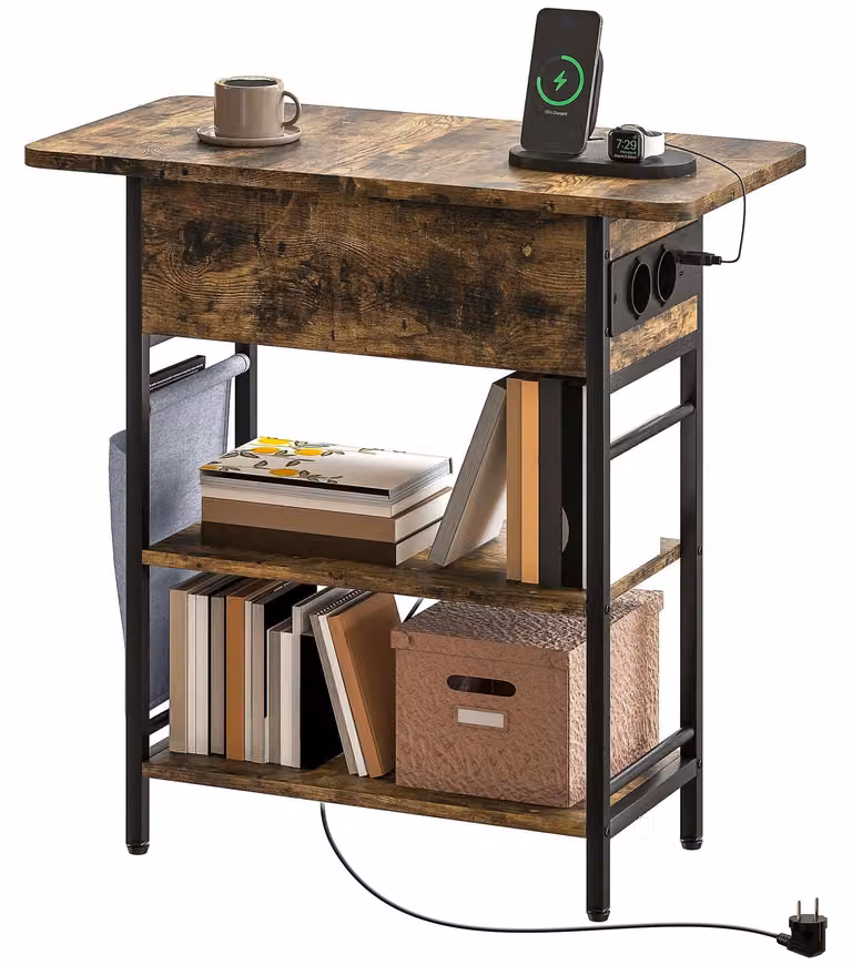 Tavolino laterale con presa di corrente, porta USB e 2 ripiani | Colore: Marrone | Dimensioni: 60x29,8x58,5 cm