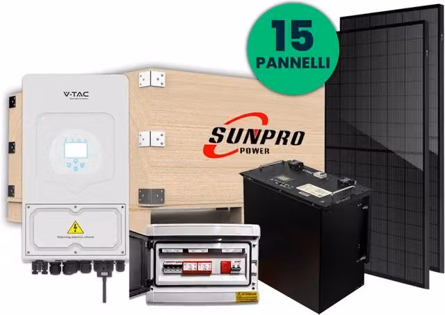 Kit Fotovoltaico Monofase V-TAC Italia Deye 6kW con Batteria LFP 10kWh, 14 Pannelli Aiko 470W (6.58kW) e Quadro AC/DC Multicolore