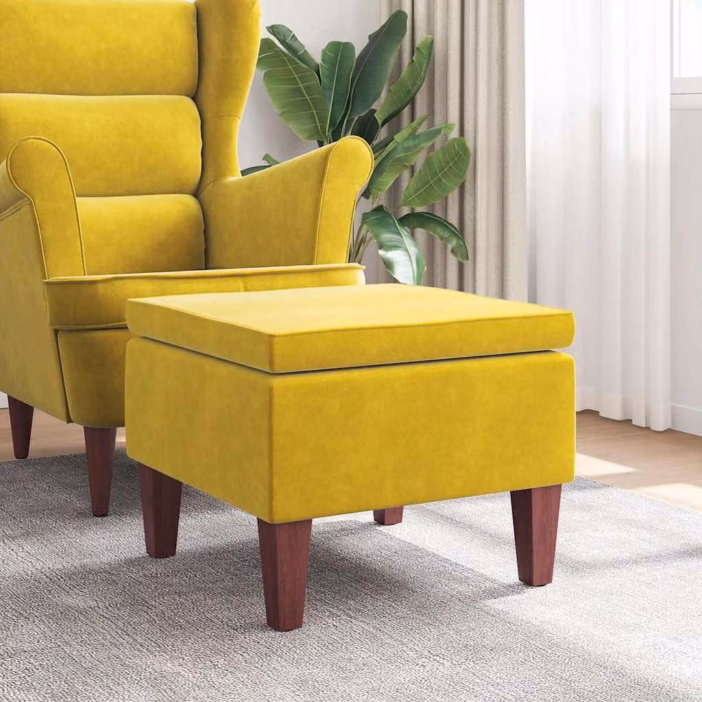 Poggiapiedi vidaXL in Velluto Giallo con Gambe in Legno, L 52 x P 42 x H 42 cm