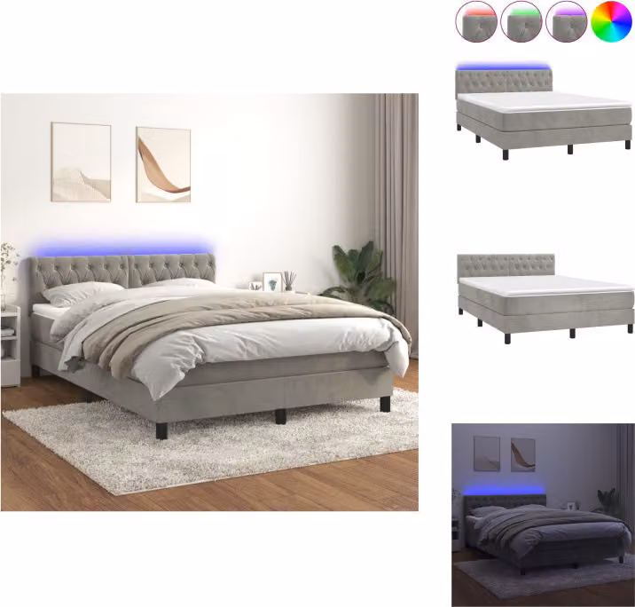 vidaXL Letto a molle con materasso e LED in velluto grigio chiaro 140x190 cm - Letti & strutture letto