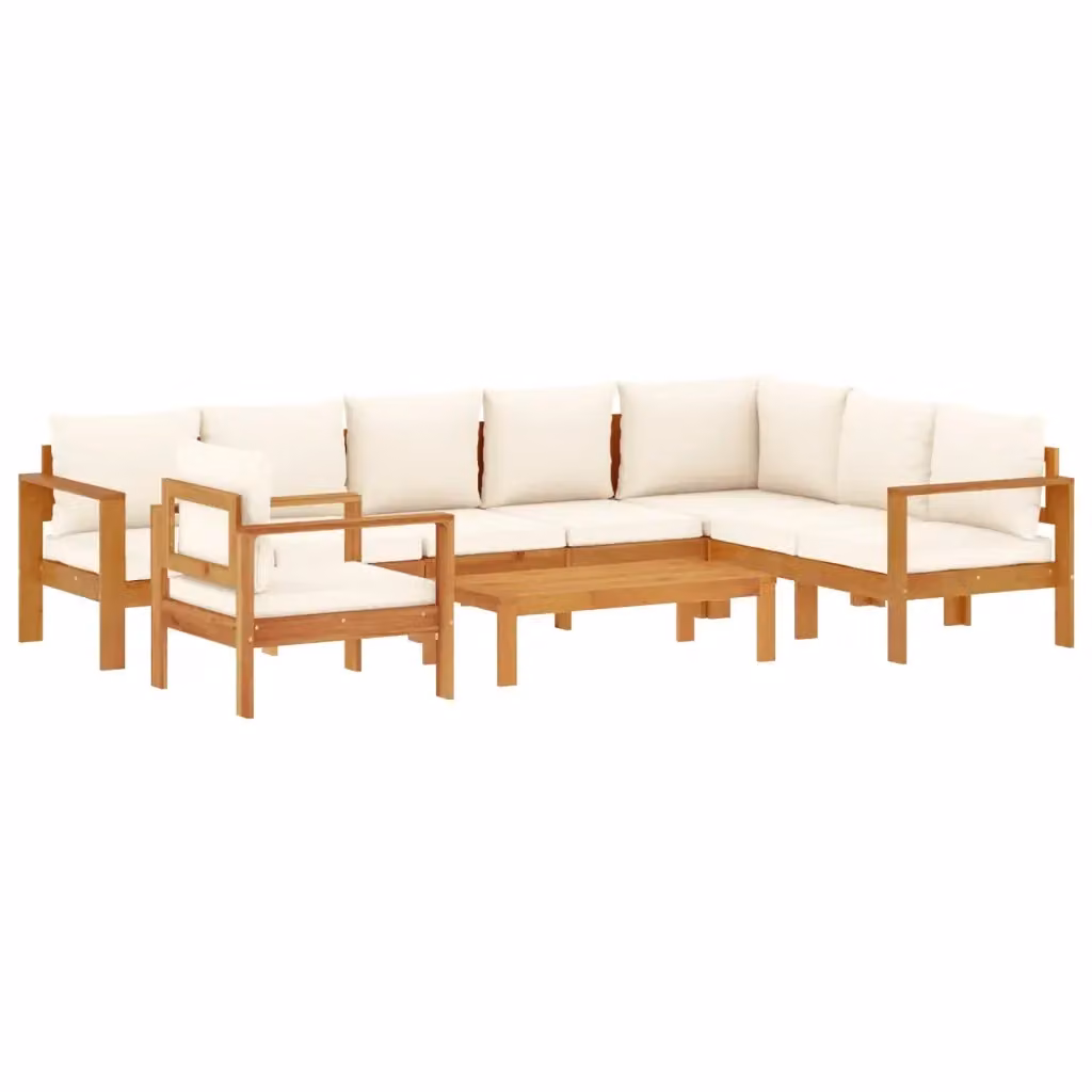 Set Divano da Giardino a L vidaXL in Legno di Acacia con Cuscini Beige e Bianco, 6 Pezzi – 2
