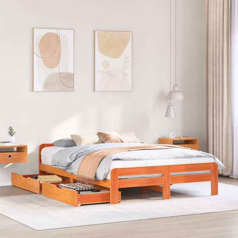 Letto in legno di pino massiccio vidaXL con cassetti, finitura marrone cera stile rustico, L/P/H: 200 x 150 x 154 cm