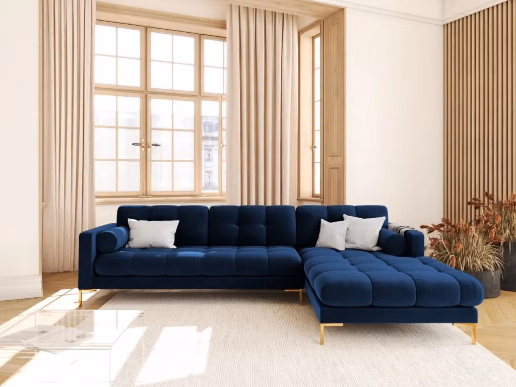 Divano angolare destro Bali Cosmopolitan Design in velluto blu e oro da 5 posti con struttura in metallo L/P/H: 293 x 185 x 75 cm – 2