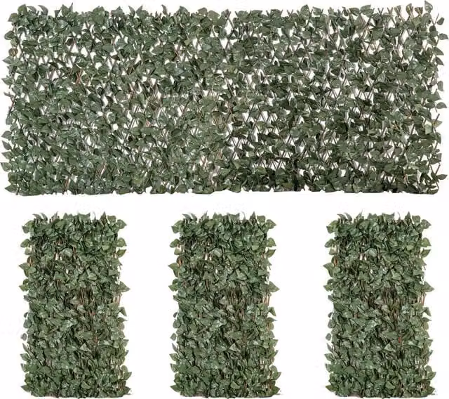 Set di 4 siepi artificiali di edera estensibili Outsunny, pannelli murali frangivista in poliestere e vimini, Verde, L: 200 cm, H: 100 cm – 1