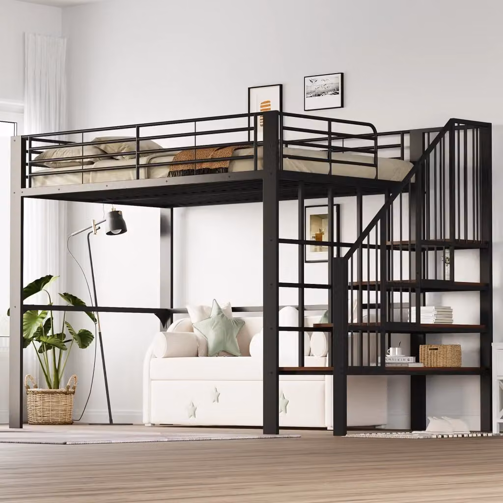 Letto a soppalco Chicfurn con scala e vano portaoggetti in metallo e legno, colore nero, L/P/H: 200 x 140 x 251,5 cm – 2
