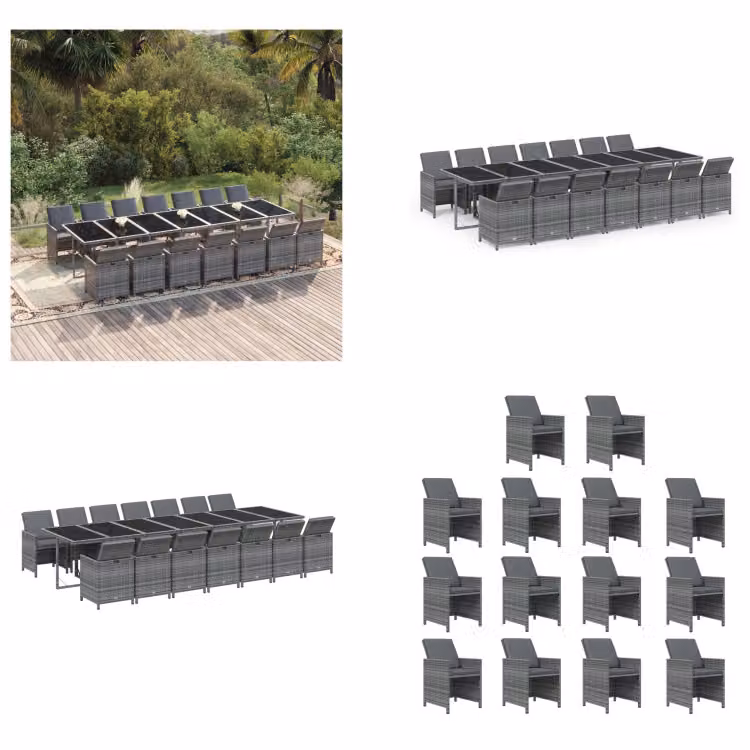 vidaXL Set da pranzo da giardino 15 pezzi con cuscini in poly rattan grigio - Set da pranzo da giardino - Set da pranzo da esterno - Set da pranzo da giardino - Set da pranzo da giardino