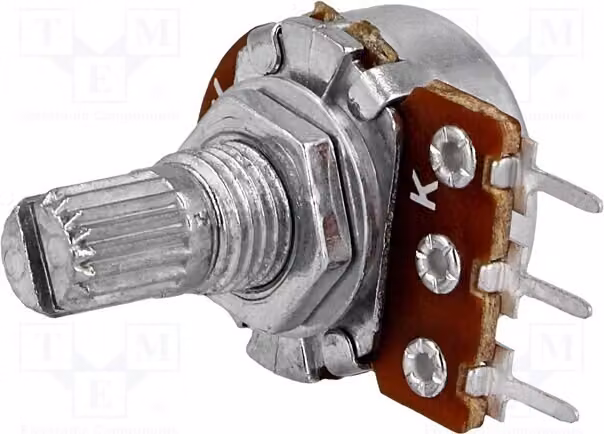 2 potenziometri: 1 giro, 63mW, tolleranza 20%, montaggio a foro passante (THT) da 6mm, resistenza 1kΩ, metallo, modello R16148-1A-2-A1K, tipo a carbone