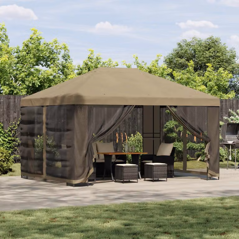 vidaXL Gazebo da giardino con pareti laterali in acciaio e poliestere Beige e Nero 4 x 3 m