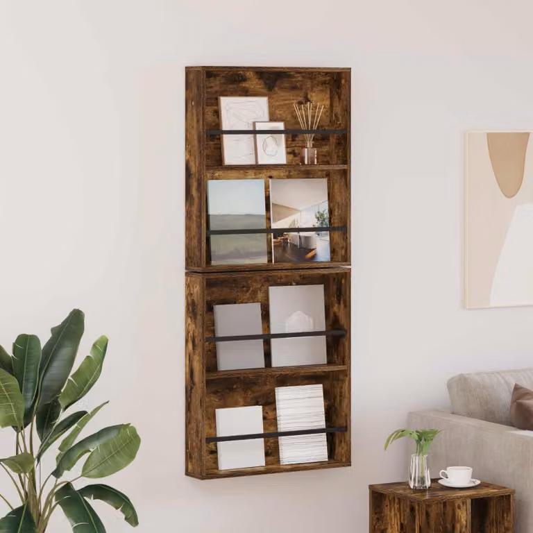 Set di 2 scaffali per riviste vidaXL moderni in legno color rovere fumo, montaggio a parete, L: 60 cm, P: 12 cm, H: 70 cm