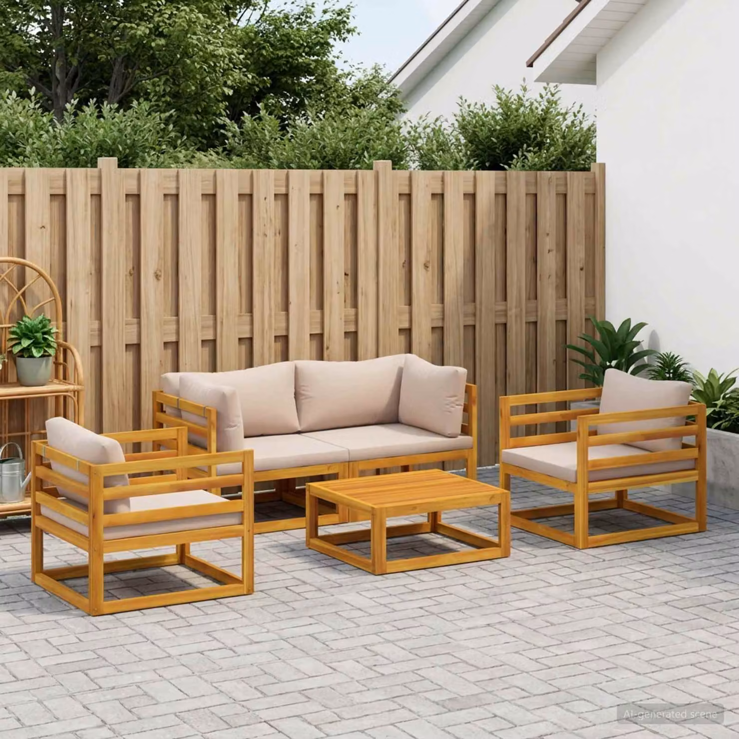 Set da giardino modulare vidaXL 5 pezzi in legno di acacia con cuscini beige e tavolino da esterno