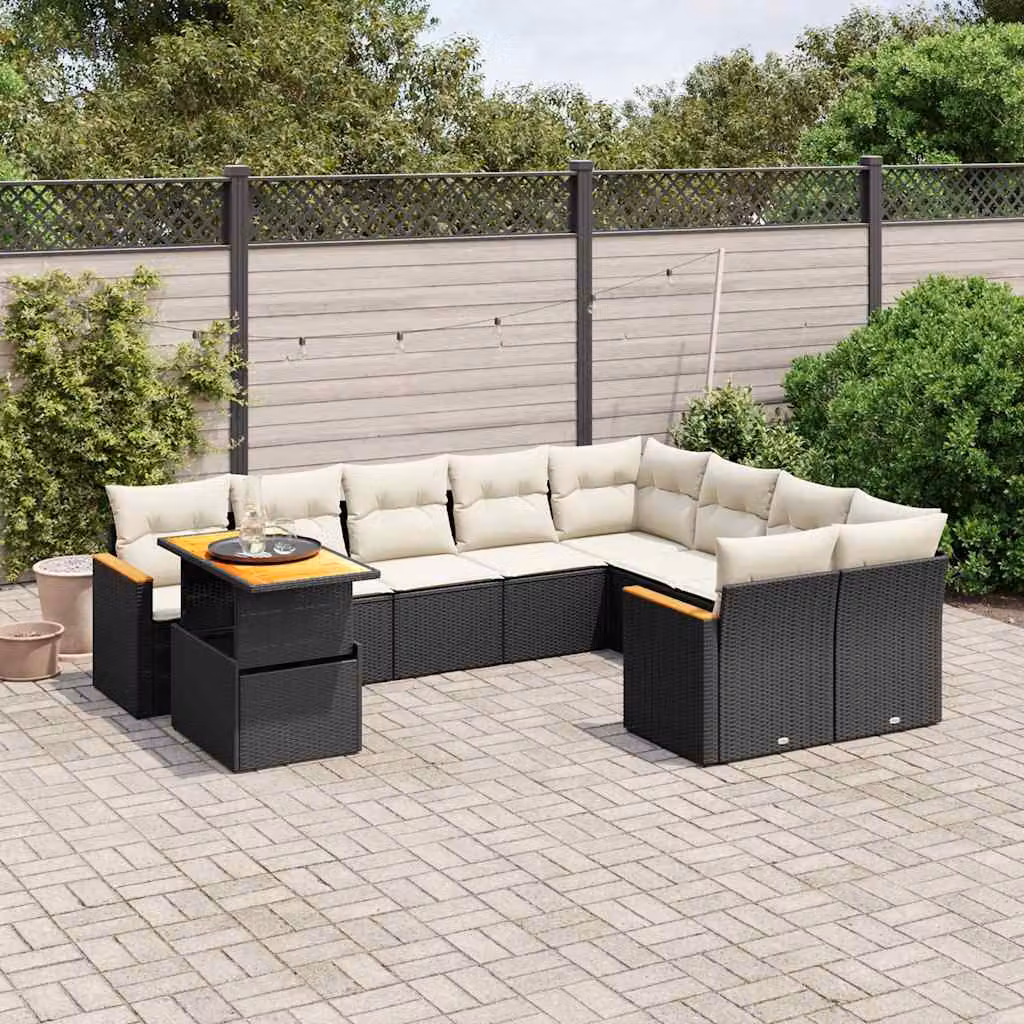 vidaXL Set Divani da Giardino a L in Polyrattan Nero con Cuscini e Tavolino da Esterno – 1