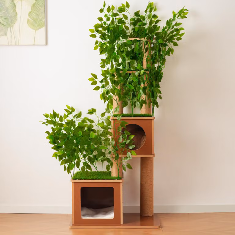 Albero per gatti Flieks, altezza 175 cm, con rifugi e cuscini, grattatore per gatti con pali in sisal e foglie artificiali rimovibili, colore verde