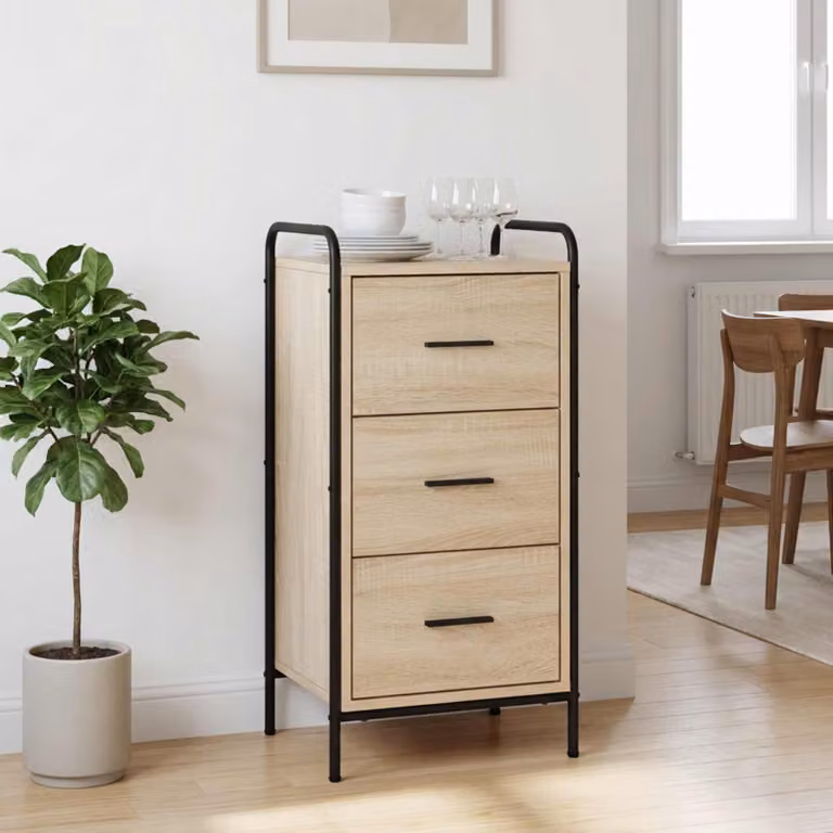 Credenza moderna vidaXL in legno ingegnerizzato e metallo, colore rovere sonoma beige, L: 97 cm, P: 33 cm, H: 81 cm