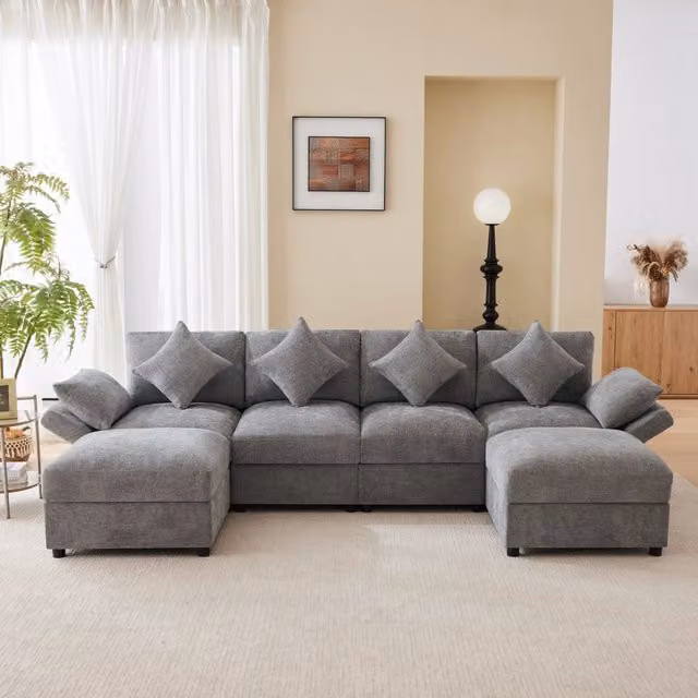 Divano modulare a U in ciniglia con 2 pouf e braccioli regolabili, 4-6 posti grigio 284 × 156,5 × 86 cm