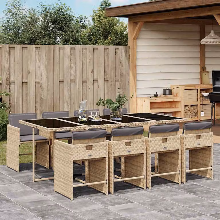 Set Pranzo da Giardino vidaXL in Polyrattan con Cuscini Beige e Tavolo in Vetro 9 pz