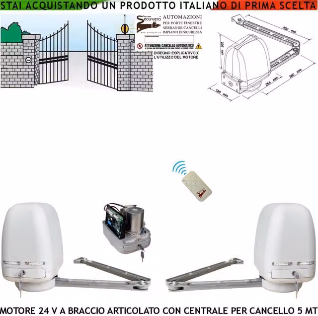 CANCELLO ELETTRICO 5 METRI 2 MOTORI BRACCIO ARTICOLATO ANTE BATTENTI DA 0,5 A 2,5 MT CENTRALE 220/24 V RADIOCOMANDO PER AUTOMATISMO COMPASSO