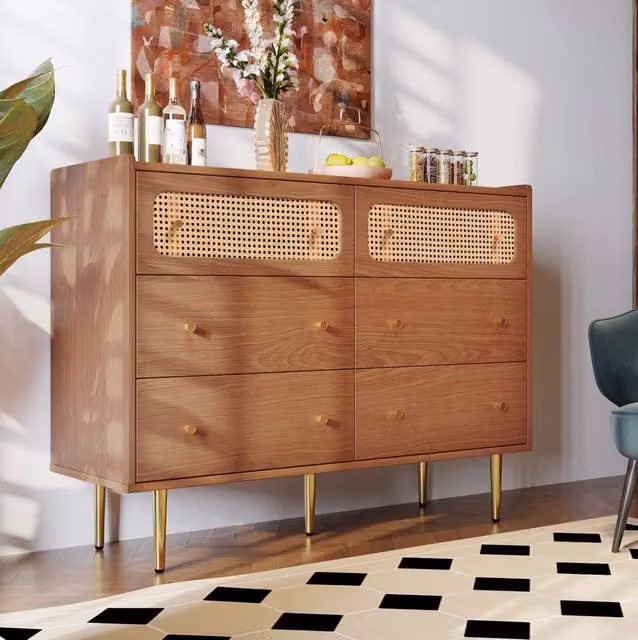 Cassettiera con 6 cassetti in legno e metallo colore noce