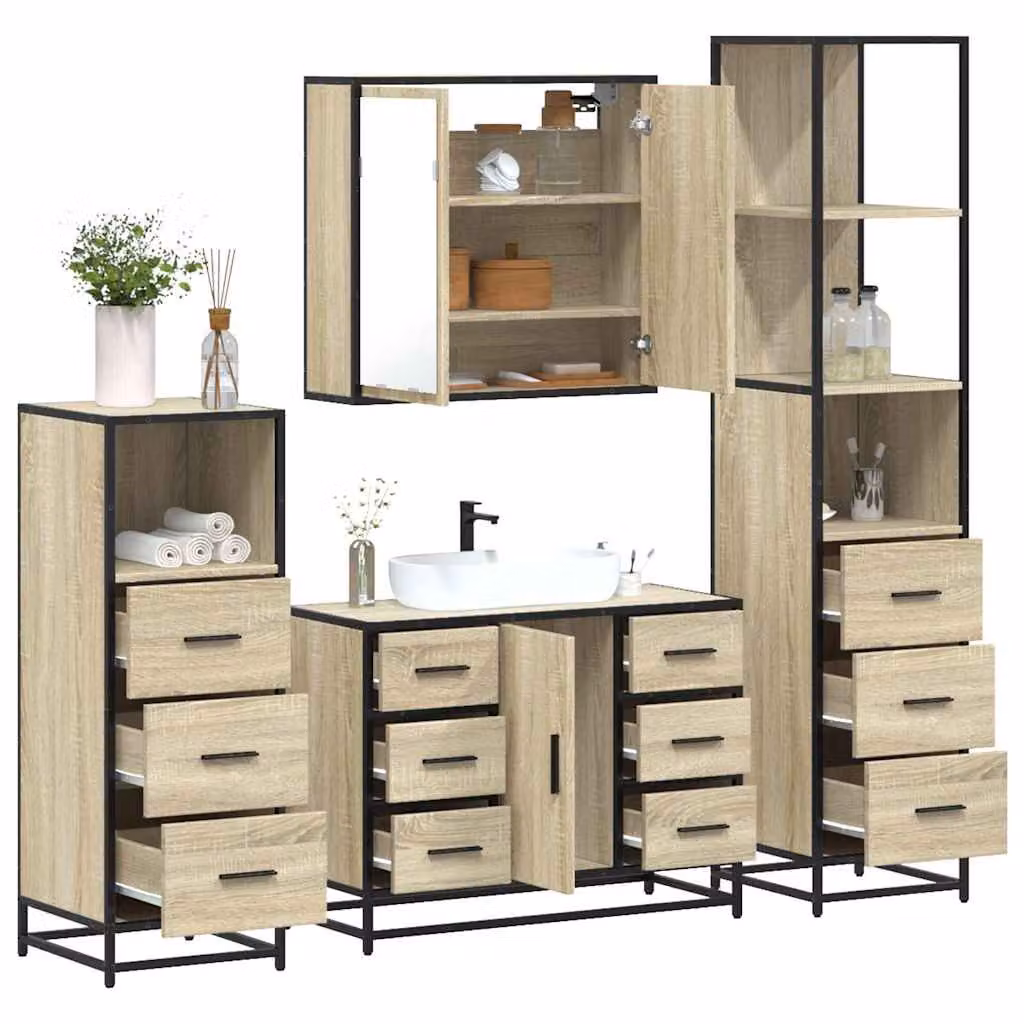 Set di mobili da bagno industrial vidaXL 4 pezzi in legno e metallo marrone con armadietto specchio, mobile lavabo, mobile laterale e colonna alta