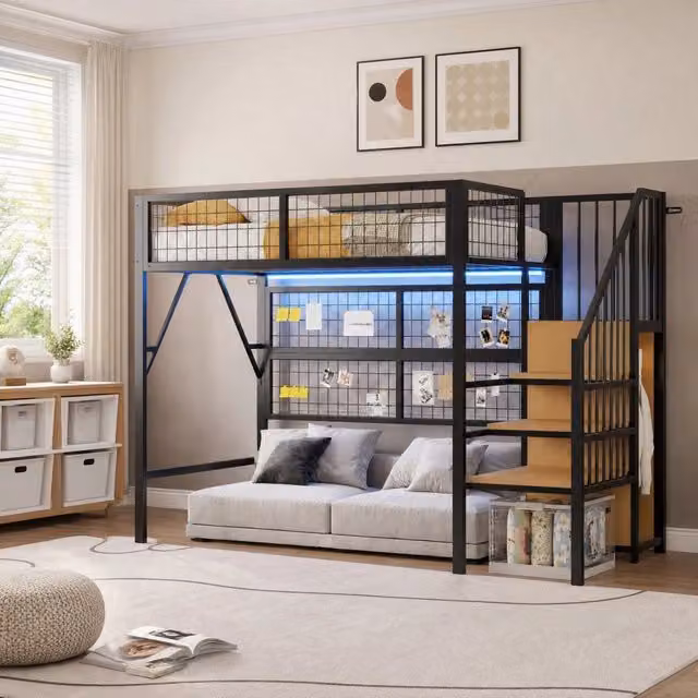 Letto a soppalco ULEVR 90x200 cm con scala, ripiani, guardaroba e striscia LED controllabile tramite app, nero
