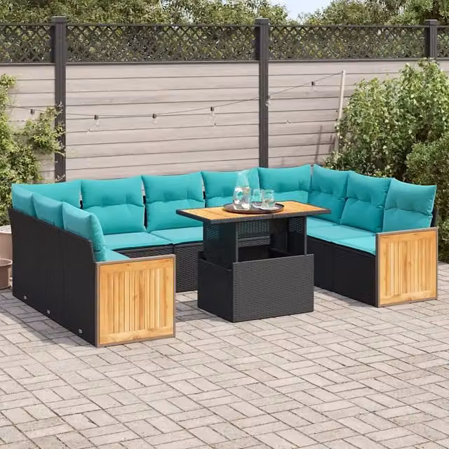 Set Divani Giardino 10pz con Cuscini Nero in Polyrattan Acacia 3327753