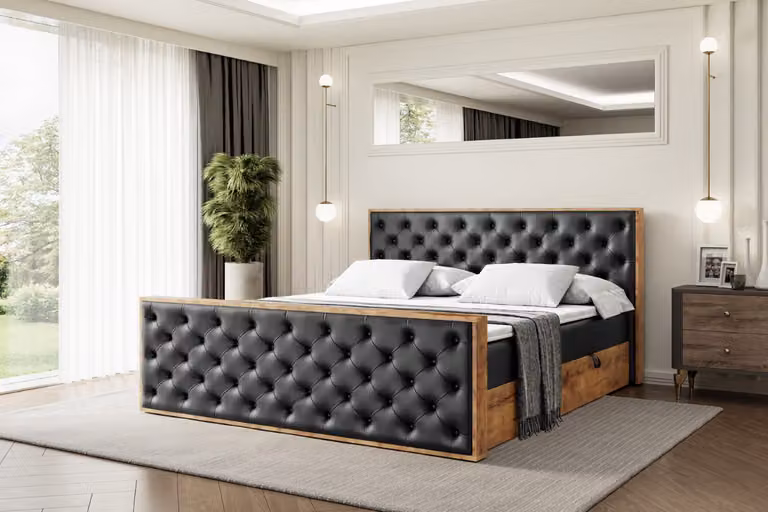 Letto boxspring ALTDECOR con materasso e rete a doghe, coprimaterasso, pediera, letto imbottito con contenitore, letto con spazio contenitivo e materasso H4, letto matrimoniale, letto a cassettoni - LOLLI3-Z - 180x200 - Ecopelle nera