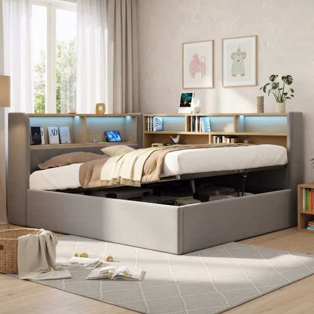 Letto divano matrimoniale 200×140 cm con contenitore idraulico, LED, USB e tipo C, senza materasso, velluto grigio