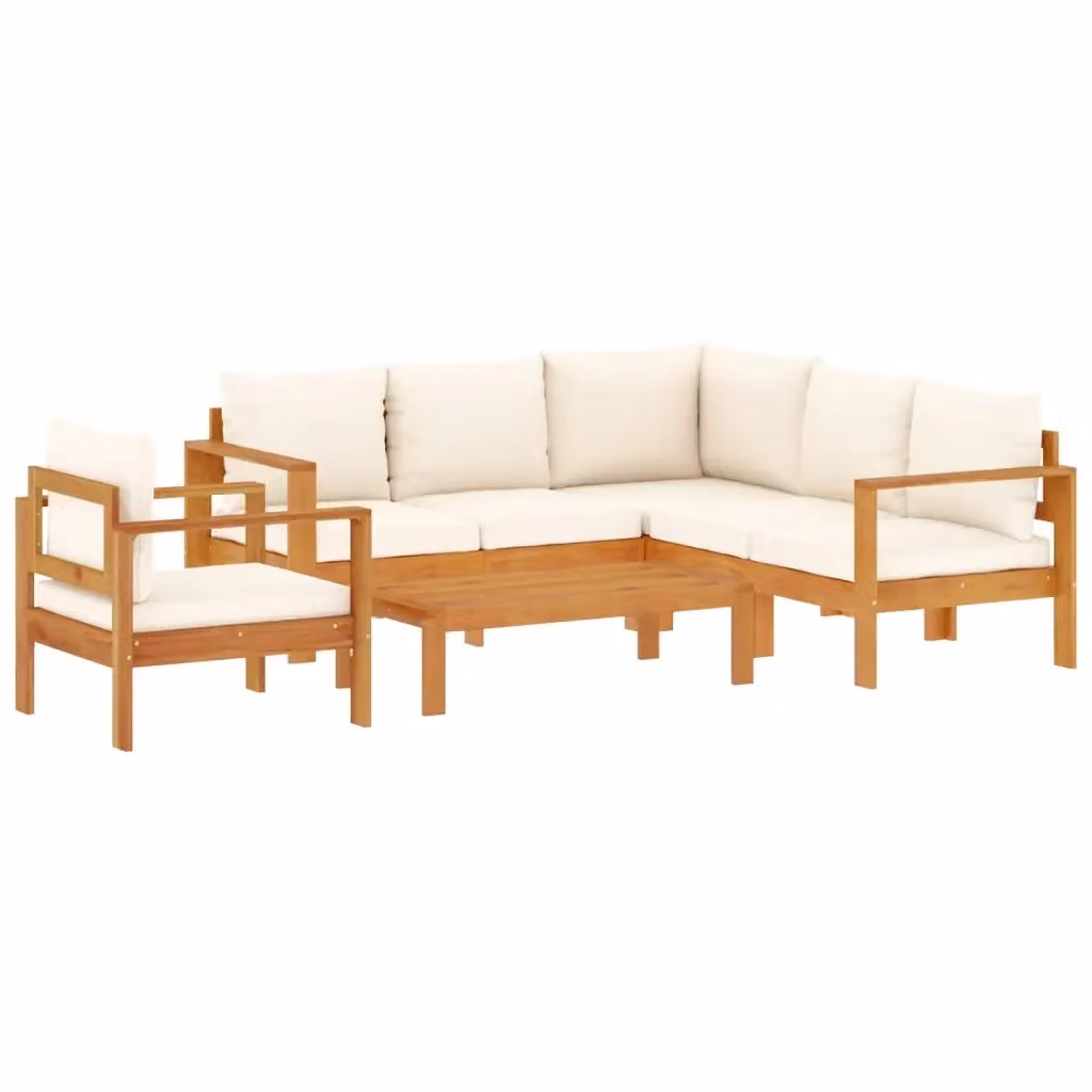 Set Divano da Giardino 5 pz vidaXL in Legno di Acacia con Cuscini Beige e Bianchi – 2