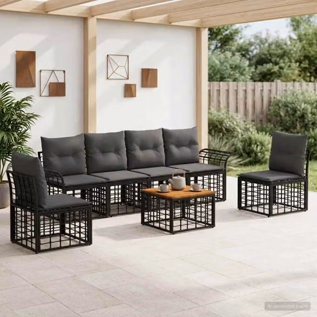 Set di divani da esterno 7 pz Nero e Grigio scuro Poliestere 3437665