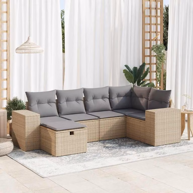 Set Divano da Giardino L-Shape vidaXL in Polyrattan con Cuscini Beige e Grigio per 6 Persone
