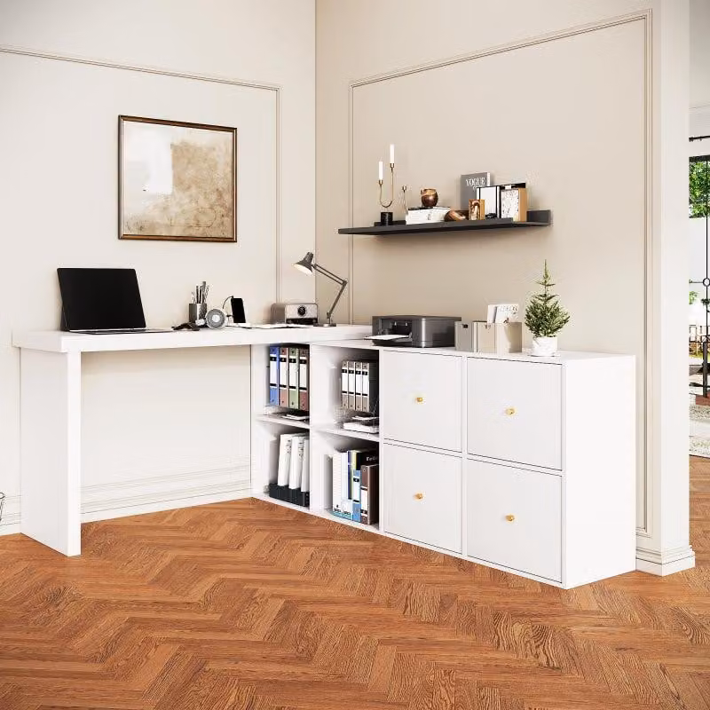 Tavolo d'angolo, piano girevole a 360° - può essere montato a L o diritto, MDF, con 4 scomparti, 4 cassetti, bianco