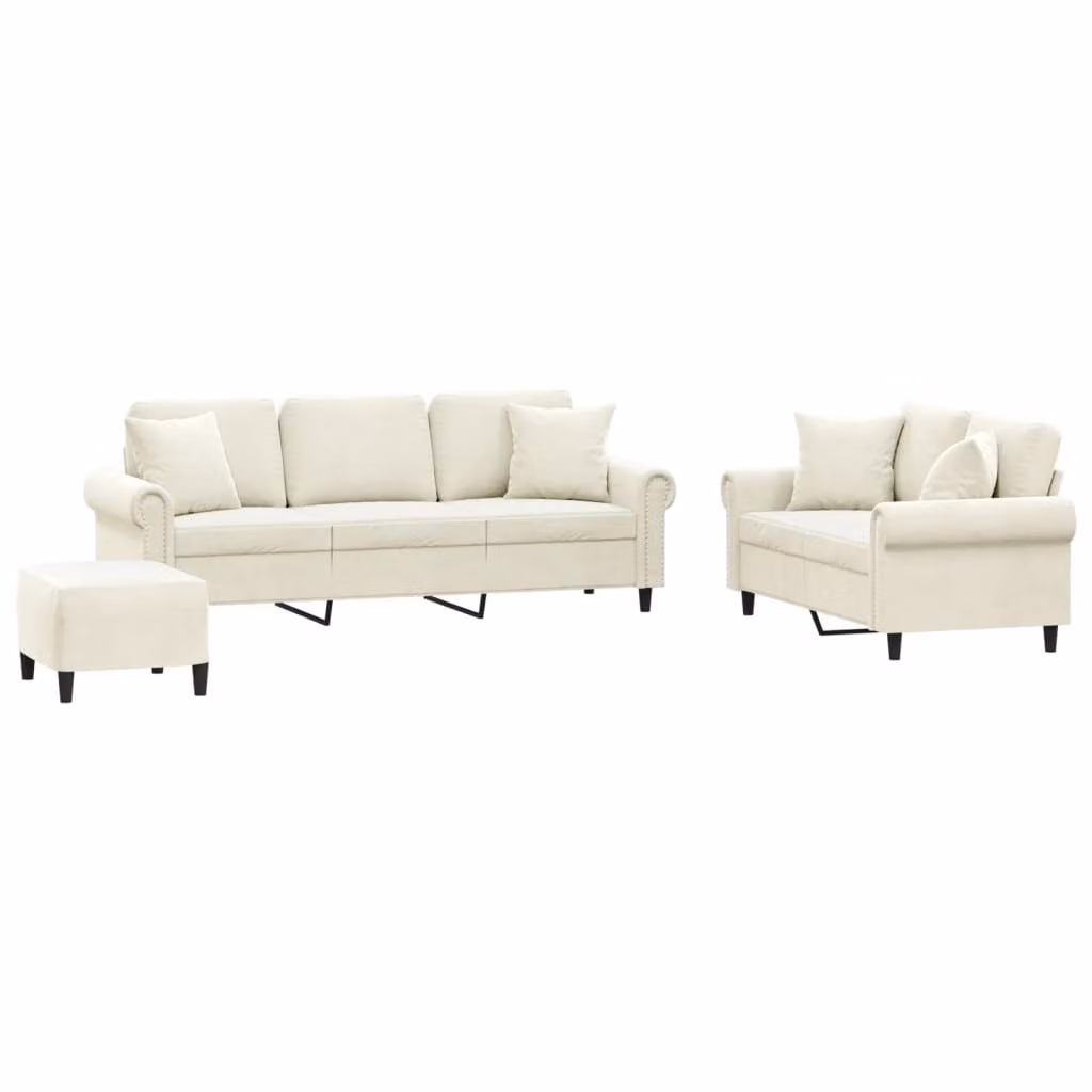 Set di Divani 3 pz con Cuscini Crema in Velluto