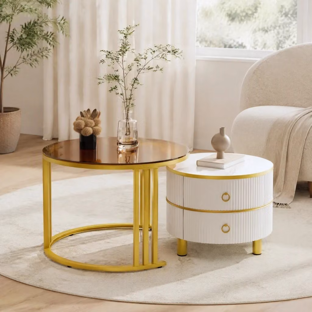 Set di 2 tavolini da caffè rotondi REDOM in vetro e MDF, design moderno, colori bianco e marrone, L/P/H: 70 x 70 x 45 cm e 50 x 50 x 40 cm – 2