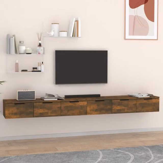 Set di 2 Mobili a Muro vidaXL in Legno Multistrato, Colore Rovere Fumo, L 102 cm x P 30 cm x H 20 cm – 1