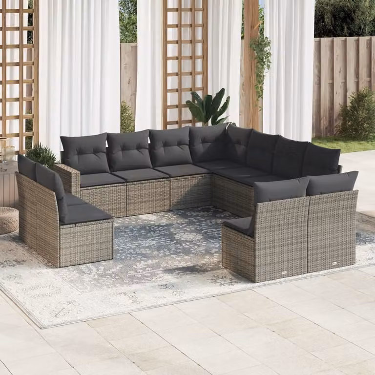 vidaXL Set Divani da Giardino 11 pz a Forma a U in Polyrattan Grigio con Cuscini Imbottiti e Rivestimenti Rimovibili